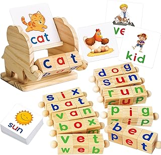 ShyLizard Montessori Learning and Educational Toys Gifts for Kids 3 4 5 Years, Wooden Reading Blocks Toys, Learning Activities for Preschool Kindergarten, Turning Rotating Matching Flash Card Games