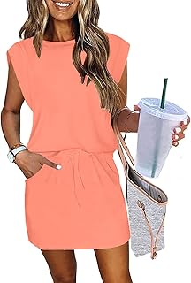 Womens Cap Sleeve Summer Dress Crew Neck Tie Front A-Line Dresses Double Layer Hem Mini Dress