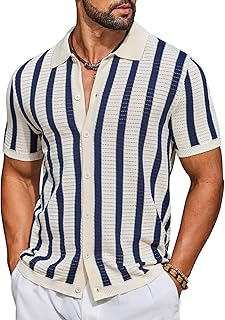 Men's Knit Shirts Short Sleeve Button Down Polo Shirt Striped Casual Summer Beach Shirts