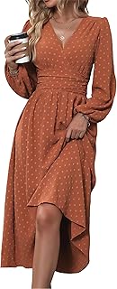 Women's Spring Fall Swiss Dot V Neck Maxi Dress Casual Puff Long Lantern Sleeve A-Line Flowy Dress