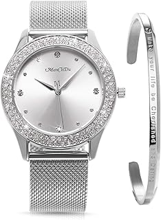 Womens Wrist Watch Crystal Case Mesh Stainless Steel Band Bling Ladies Watches Analog Quartz Diamond Classic Fashion Romantic + Jewelry Cuff Bracelet Set Slim Thin Casual Glitter Gold