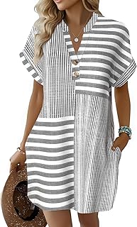 Summer Dresses for Women 2026 Button V Neck Striped T Shirts Dress Trendy Basic Outfits