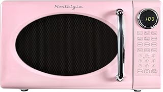 Nostalgia Retro Microwave Oven - 0.7 Cu Ft, 700-Watt Countertop Size with Glass Turntable, Child Safety Lock, 8 Auto-Cook Programs, Digital Clock - Pink