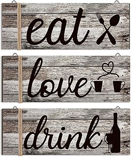 Jetec 3 Pcs Farmhouse Kitchen Wall Decor Rustic Wooden Home Eat Drink Love Sign with Hanging Hole for Home Dining Living Room Bar Cafe Decor(Classic Color)