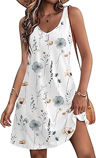 Women's Casual Sundress with Pockets Summer Beach Dress Floral T-Shirts Dress V Neck Loose Tank Dresses