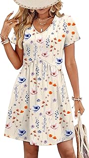 Dresses for Women 2026 Casual Summer V Neck Babydoll Dress Short Sleeve Fashion Beach Vacation Clothes