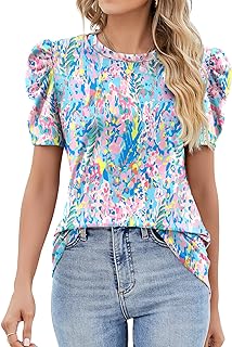 Puff Short Sleeve Shirt for Women Eyelet Tops Summer Crewneck Blouse Loose Fit S-XXL