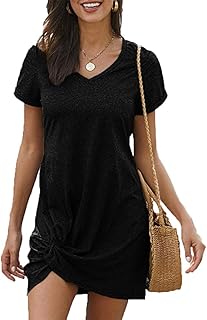 Women's Summer Twist Knot Tshirt Dresses Casual Loose Dress V Neck Short Sleeve Knot Dress