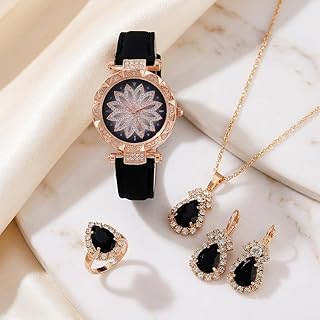 4 Pack Women’s Watch Jewelry Set Fashion Quartz Wristwatch Necklace Earrings Ring Set