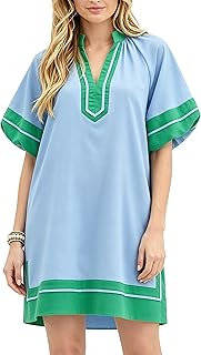 Women's Color Block Pullover Dress V-Neck Puff Sleeve Dress Mini Shirt Dress with Pockets