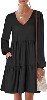 Womens Long Sleeve Dress 2026 Spring Casual V Neck Tiered Flowy Short Dresses Beach Travel Vacation Clothes