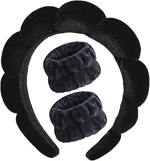 Luckybear Spa Headband for Washing Face, Velvet Makeup, Bubble Skincare With Face Wash Wristbands, Sponge Puffy for Women Skin Care - Black