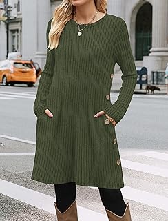Spring and Winter Tunic Dress with Pockets Long Sleeve Crew Neck Buttons Side