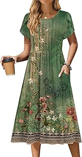 Women Summer Short Sleeve Midi Dress with Pockets Casual Aline Flowy Tshirt Dress Floral Vocation Beach Sundress