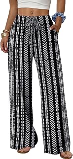 Wide Leg Pants for Women Flowy Palazzo Drawstring Elastic Waist Trousers with Pockets Summer Beach Vacation Clothes
