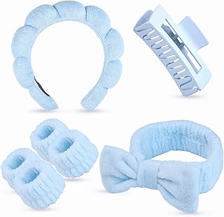 7 Pcs Spa Set, Facial Headband and Wristband Set, Skincare Accessories, College Style Girl Idea Gifts, Hair Accessories for Women and Girls (Blue)