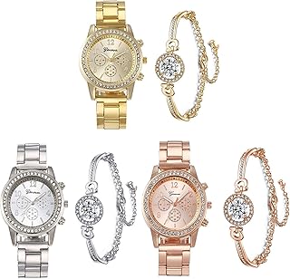 3 Pcs Elegant Diamond Watches and Bracelet Set for Women Classic Round Dial Rehinestore Bezel Analog Quartz Ladies Watches
