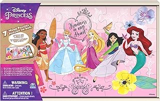 Spin Master Games, Disney Princess Puzzles, 7-Pack, Jigsaw Kids Puzzles, 12, 16, & 24 Pieces, Featuring Ariel, Tiana, Rapunzel, Pocahontas, Storage Tray, for Ages 4 & Up