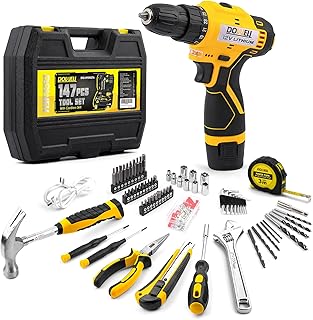 DOWELL 147 Pcs Tool Kit with 12V Cordless Drill with 3/8" Keyless Chuck for Home, Men, Built-in LED, Type-C Charge Cable