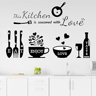 Kitchen Wall Stickers Decals Decor Kitchen Seasoned with Love Quotes Wall Decor Utensil Art Decorations for Home Dining Room Coffee Shop