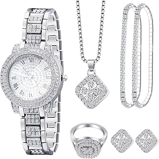 7 Pcs Luxury Women Watch and Bracelet Set Valentine‘s Day Elegant Rhinestone Jewelry Quartz Watch and Women's Wrist Bangle Diamond Necklace Ring Earrings Set with Box for Wife Ladies Gift