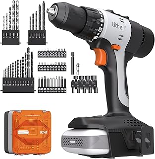 Litheli 20V Cordless Drill Set, 1/2-Inch Keyless Chuck, 443 In-lbs Torque, 2.0Ah Battery with Power Bank Function & Type-C Charging, 64-Piece Home Tool Kit with Bag for DIY & Home Repairs