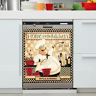 Yosa Chef Magnet Sticker, 23x26inch Plaid Dishwasher Sheet Decal, Classic Kitchen Refrigerator Door Decorative, Good Food Good Life Dishwasher Cover Panel Decals