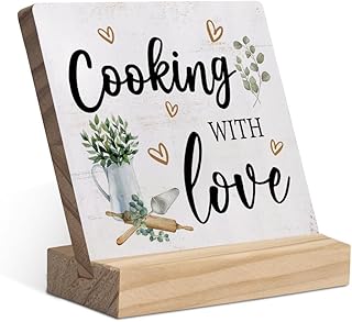Cooking with Love Wood Plaque with Wooden Stand,Rustic Kitchen Wooden Plaque Sign Desk Decor for Home Kitchen Table Shelf Decoration