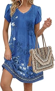 Summer Dresses for Women Casual A Line Dress 2026 V Neck Short Dresses Floral Sundress Pleated Boho Dress