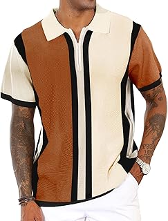 Men's Fashion Knit Polo Shirts Vintage Striped Knitting Shirts Ribbed Slim Fit Golf Shirts