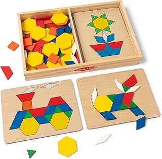 Melissa & Doug Pattern Blocks and Boards with 120 Multi-Colored Wooden Shape Tiles, 5 Double-Sided Puzzle Boards, Tangram Puzzles, Montessori Toys for Girls & Boys