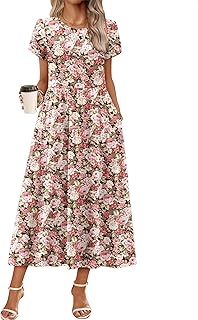 Summer Dresses for Women 2026 Maxi Bohemian Floral Short Sleeve Long Dress Casual Flowy Tired Beach Sundress