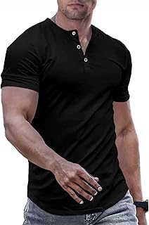 Men's Muscle Slim Henley Shirts Crewneck Longline T-Shirt Gym Workout Athletic Shirt Tees with Button