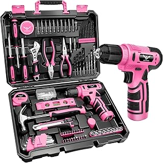 JENABOM Tool Set - 8V Cordless Drill Set, 127 Piece Home Tool Set With Hand Drill, Tool Kit for Women & Men, Perfect for Homeowner, Diyer, Handyman, Pink