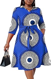 Plus Size Midi Dress for Women - Printing Summer Dresses for Wedding Guest Cocktail Party 3/4 Sleeve V Neck（L-5XL）