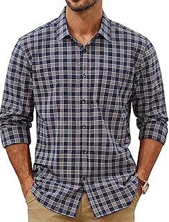 Mens Dress Shirts Cotton Long Sleeve Button Down Shirts Business Casual Plaid Tops with Pocket