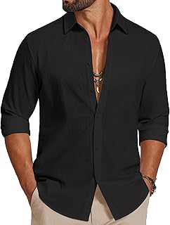 Men's Casual Button Down Shirts Long Sleeve Cotton Beach Wedding Shirt Summer Linen Shirt for Men