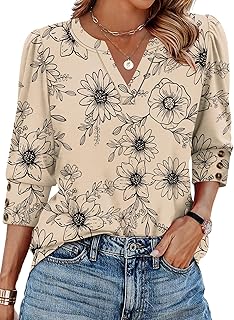 3/4 Length Sleeve Womens Tops with Button Cuffs Dressy Casual V Neck Summer Outfits Early Fall Fashion Spring Clothes