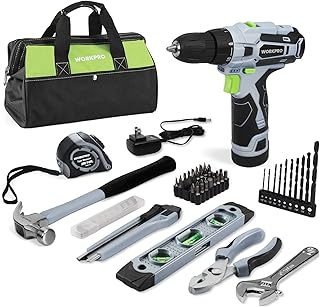 WORKPRO 12V Cordless Drill Driver and Home Tool Kit, Hand Tool Set for DIY, Home Maintenance, 14-inch Storage Bag Included