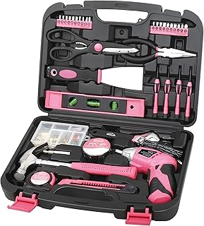 Apollo Tools 135 Piece Household Pink Hand Tools Set with Pivoting Dual-Angle 3.6 V Lithium-Ion Cordless Screwdriver - DT0773N1