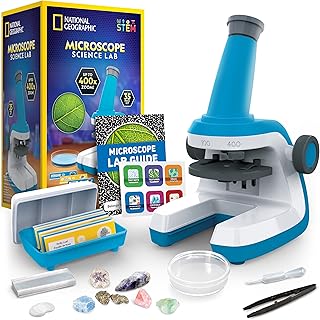 NATIONAL GEOGRAPHIC Microscope for Kids - Science Kit with an Easy-to-Use Kids Microscope, Up to 400x Zoom, Blank and Prepared Slides, Rock & Mineral Specimens, STEM Project Toy