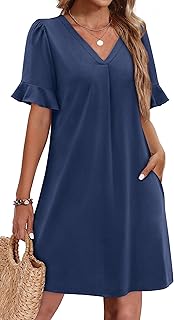 Summer Dresses for Women Ruffle Short Sleeve V Neck Casual Shift Dress with Pockets