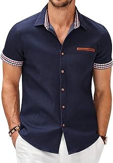 Men's Cotton Casual Short Sleeve Button Down Shirt Plaid Collar Denim Work Shirts