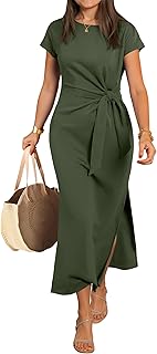Womens Summer Maxi Dress Casual Crew Neck Tie Waist Split Wrinkle-Free Fit Long Fashion Vacation Dresses 2026 Spring