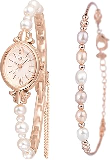 Petite Pearl Watch and Bracelet Set for Women Dainty Analog Quartz Watch for Women