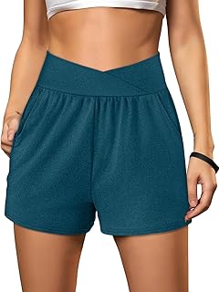 Sampeel Women's Workout Shorts Athletic Running Shorts Crossover High Waisted Gym Shorts with Pockets