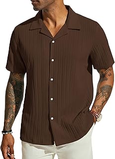 Men's Casual Button Down Shirts - Short Sleeve Summer Textured Beach Wrinkle-Free Shirts