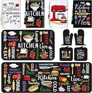 Fourluoo 10 Pcs Farmhouse Kitchen Decor and Accessories Set 4 Kitchen Towels 2 Pot Holders 2 Oven Mitts 2 Rugs for Cooking Baking Mom Housewarming Gifts(Bright Color, Novel Style)