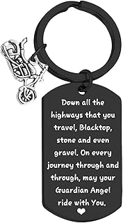 Motorcycle Keychain May Your Guardian Angel Ride with You - Black Stainless Steel Letter Print Keychain for Men, Motorcycle Enthusiasts