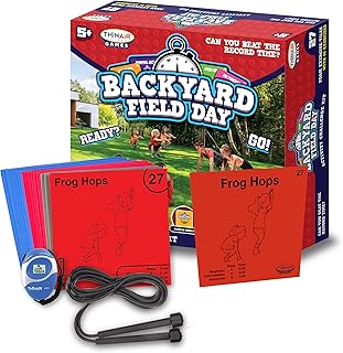 Playful Minds Backyard Field Day Obstacle Course Game – 27 Double-Sided Foam Challenge Tiles with 54 Kid-Friendly Exercises, Stopwatch, Jump Rope & Carry Bag – Outdoor Fitness Fun for Kids & Families